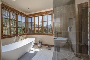 Bathtub, hair dryer, towels, soap
