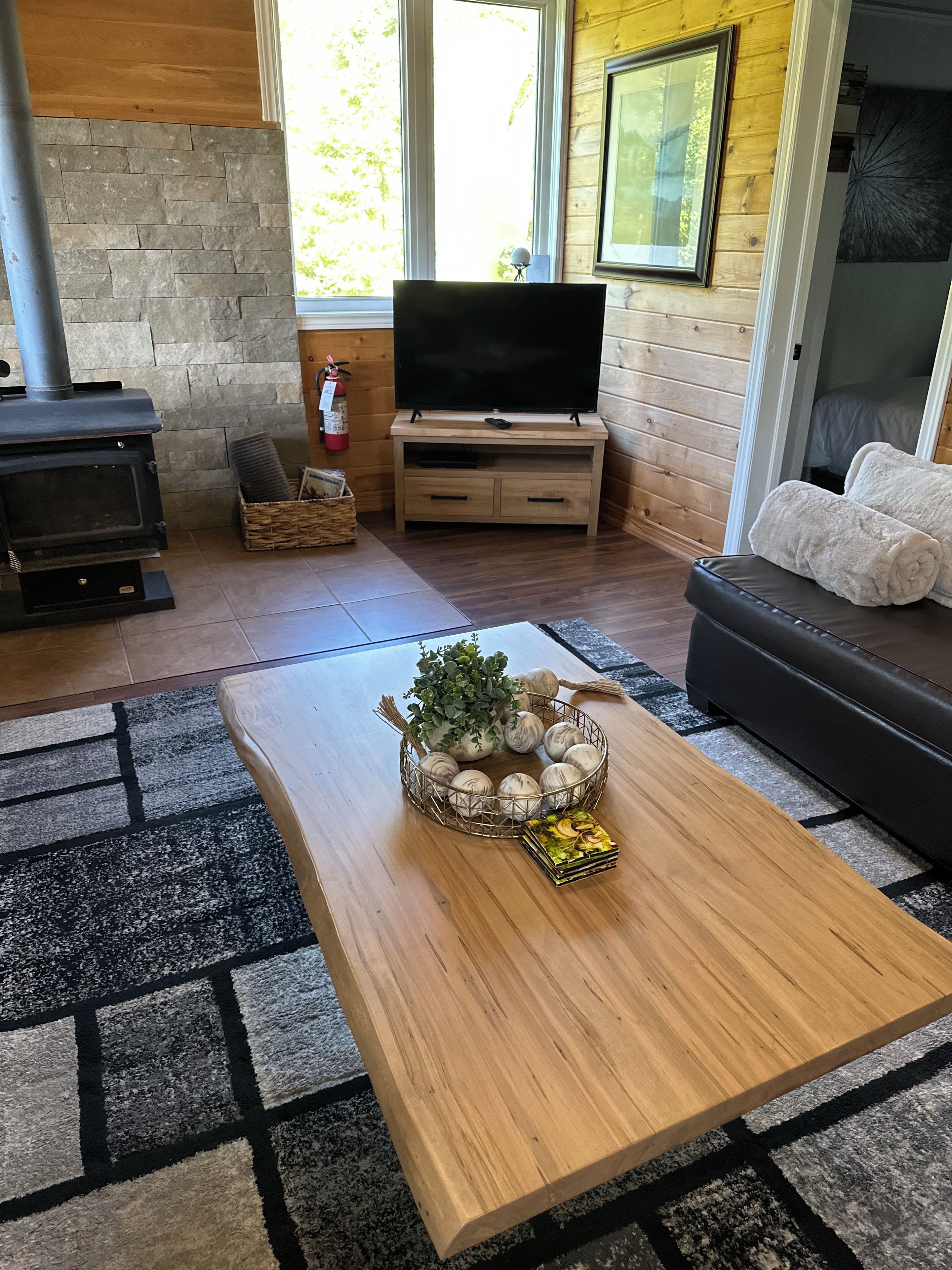Een woonkamer met een stenen openhaard, een flatscreen televisie op een houten standaard, een salontafel met een plant en decoratieve objecten, en een zwarte leren bank.