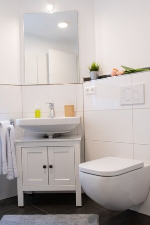 Dusche, Haartrockner, Handtücher, Seife