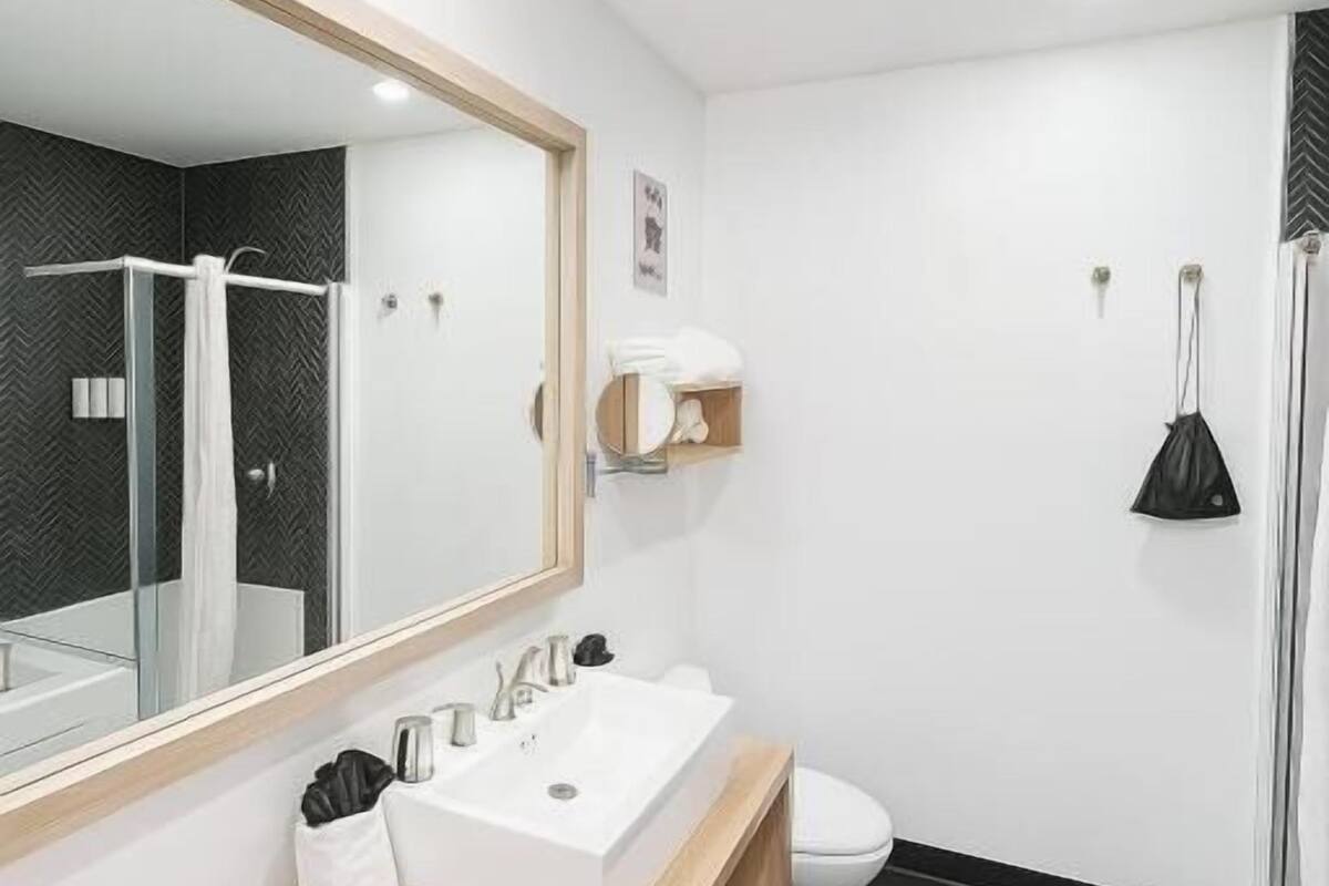 Tina con regadera, amenidades de baño de diseñador, secadora de cabello