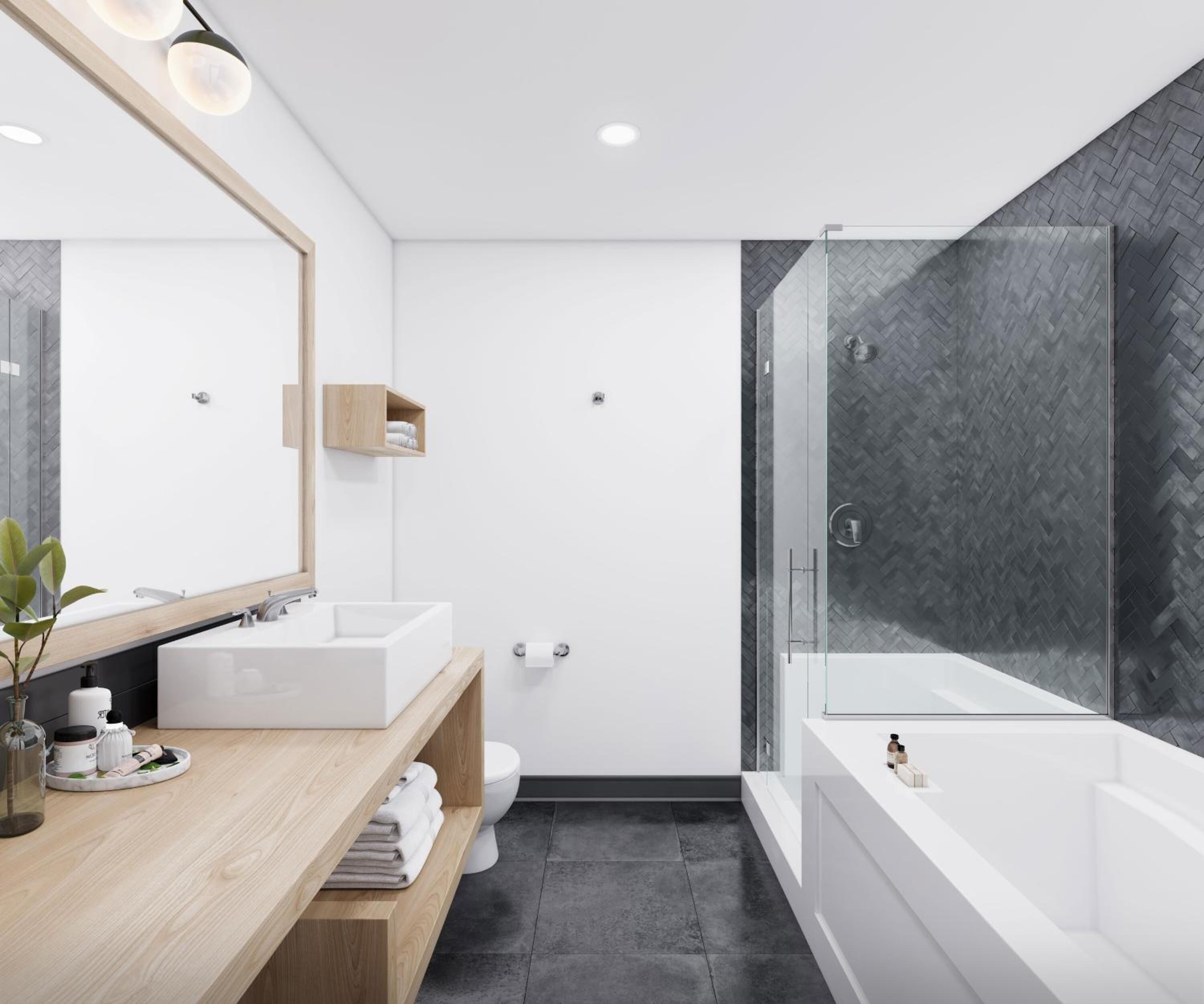 combined shower/bathtub, designer toiletries, hair dryer, towels