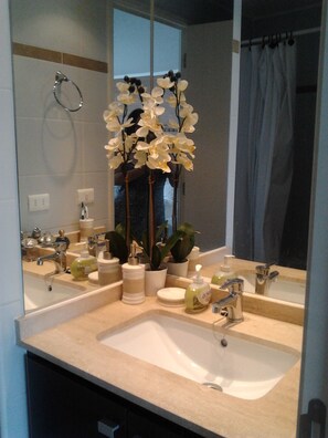 Hair dryer, towels, soap, toilet paper