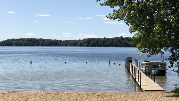 Een zandstrand met een houten steiger die uitsteekt in kalm water, omringd door bomen.