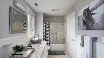 Combined shower/tub, hair dryer, towels, soap