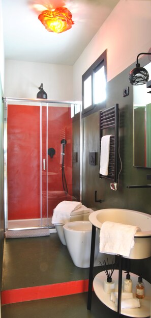 Douche, serviettes fournies, savon, shampoing