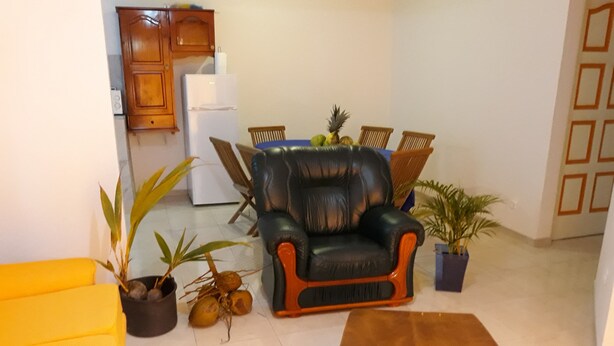 A living room with a black leather sofa, a yellow armchair, a wooden coffee table, and potted plants.