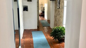 Un couloir avec un tapis bleu, une plante en pot et une chaise au loin.