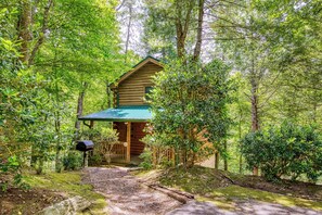 Une cabane en rondins dotée d’un porche, entourée d’une forêt dense.