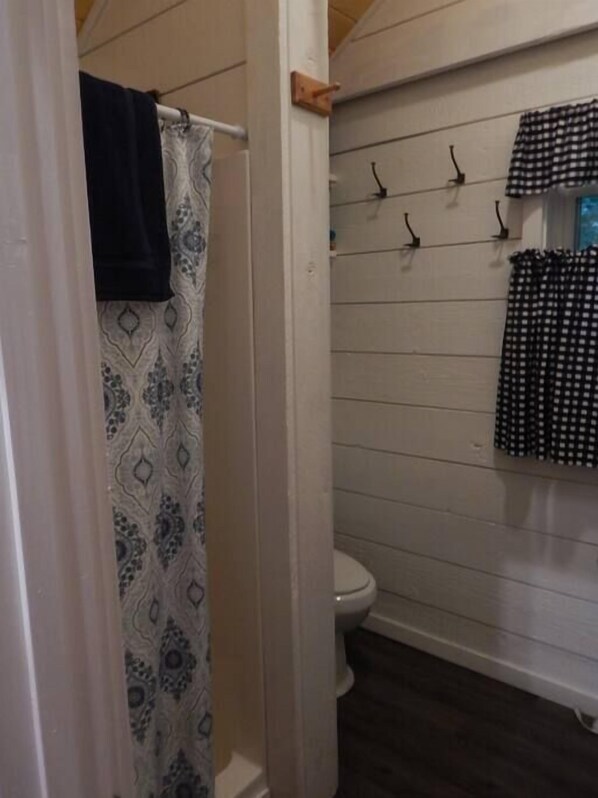 A bathroom with a patterned shower curtain, a toilet, and a wall-mounted rack with hooks for hanging items. - Sebago Lake Cottage on Raymond Cape (Raymond)
