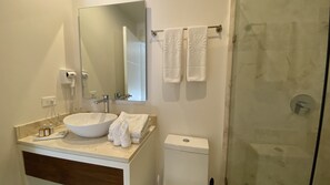 Shower, hair dryer, towels, soap