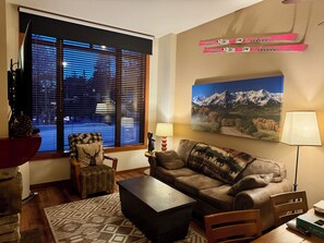 Smart TV, fireplace, video games, DVD player