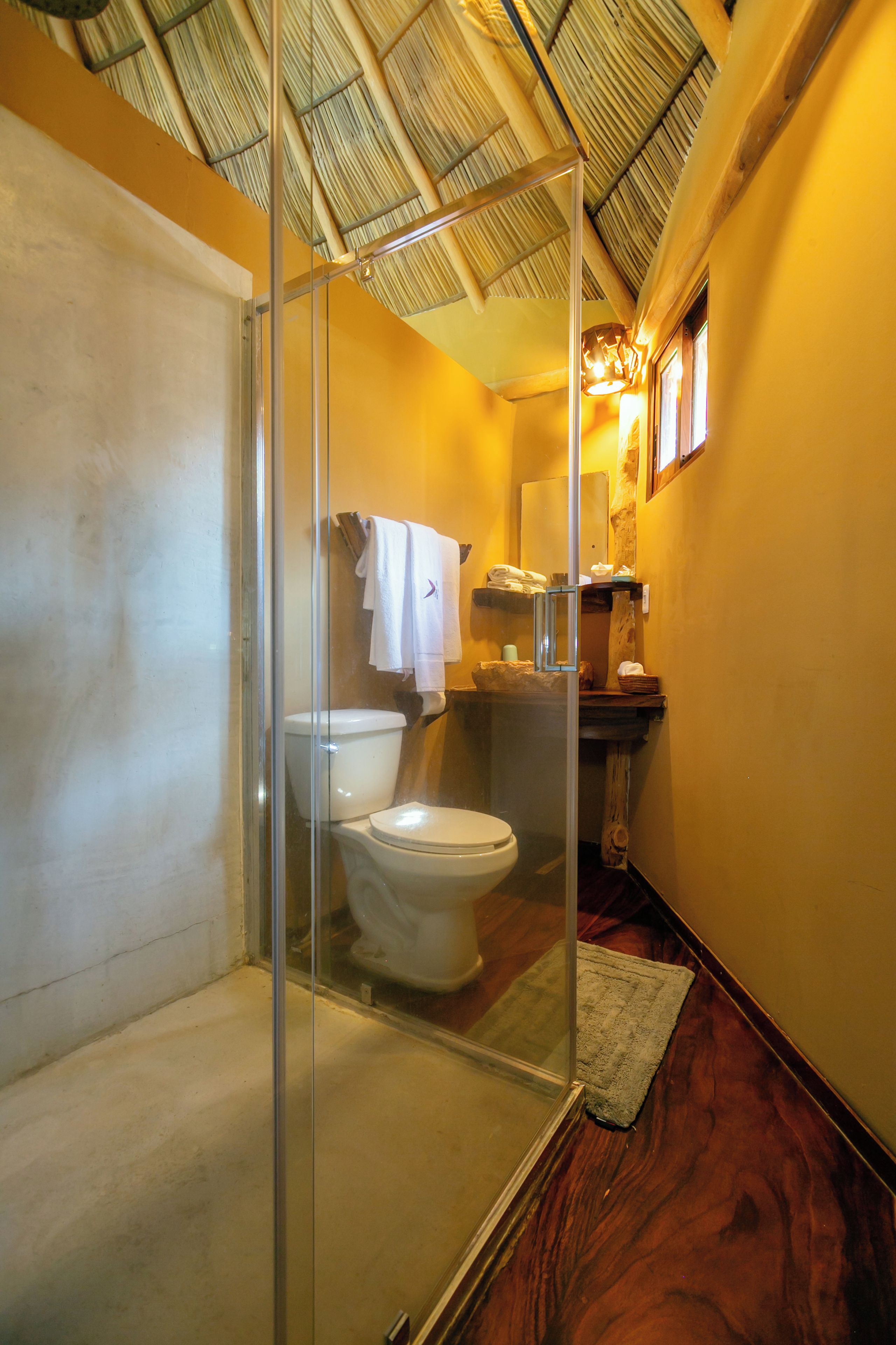 Un baño con cabina de ducha de vidrio, inodoro y zona de lavamanos con espejo y toallero.