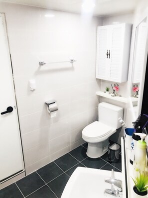 Un bagno con servizi igienici, lavandino e specchio. Si nota un portasciugamani e un piccolo ripiano con oggetti decorativi.