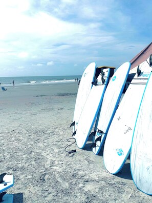On the beach, sun-loungers