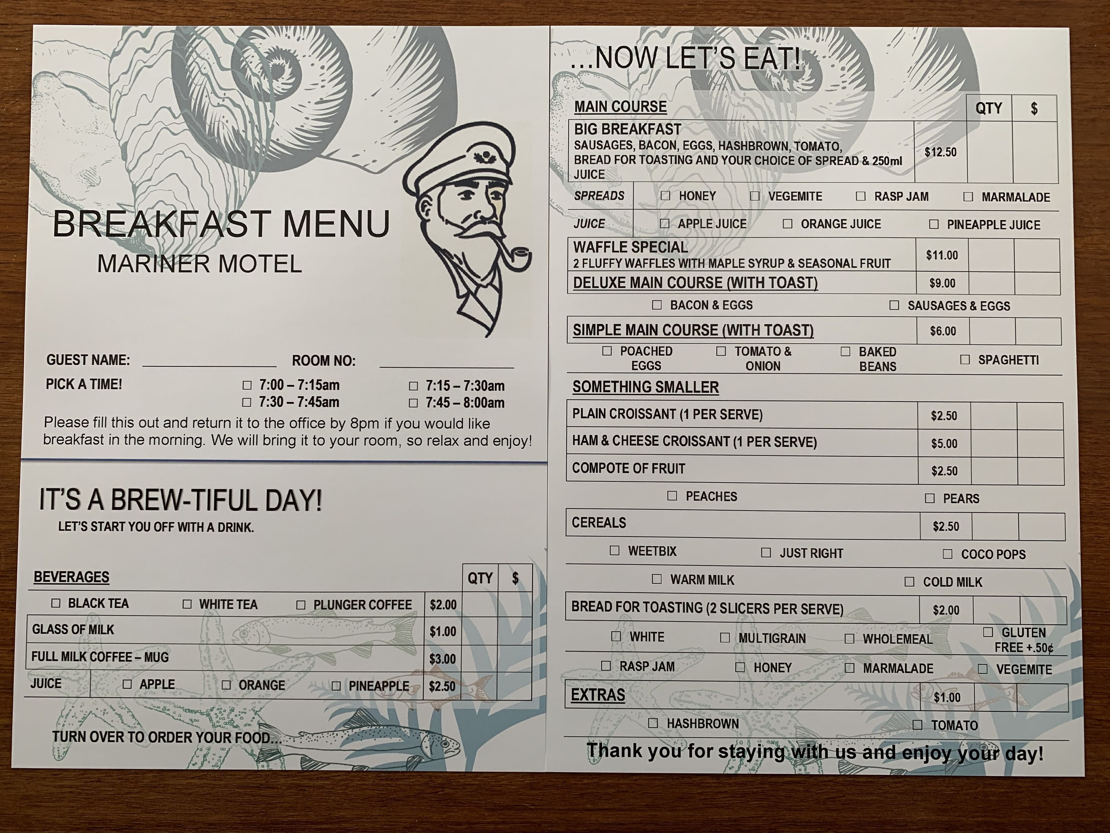 A breakfast menu from the Mariner Motel with various food and beverage options.