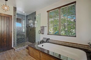 Combined shower/bathtub, jetted bath, hair dryer, towels - Ocean View Villa - exceptional ocean views, A/C, centrally located to beach & downtown (Santa Barbara)