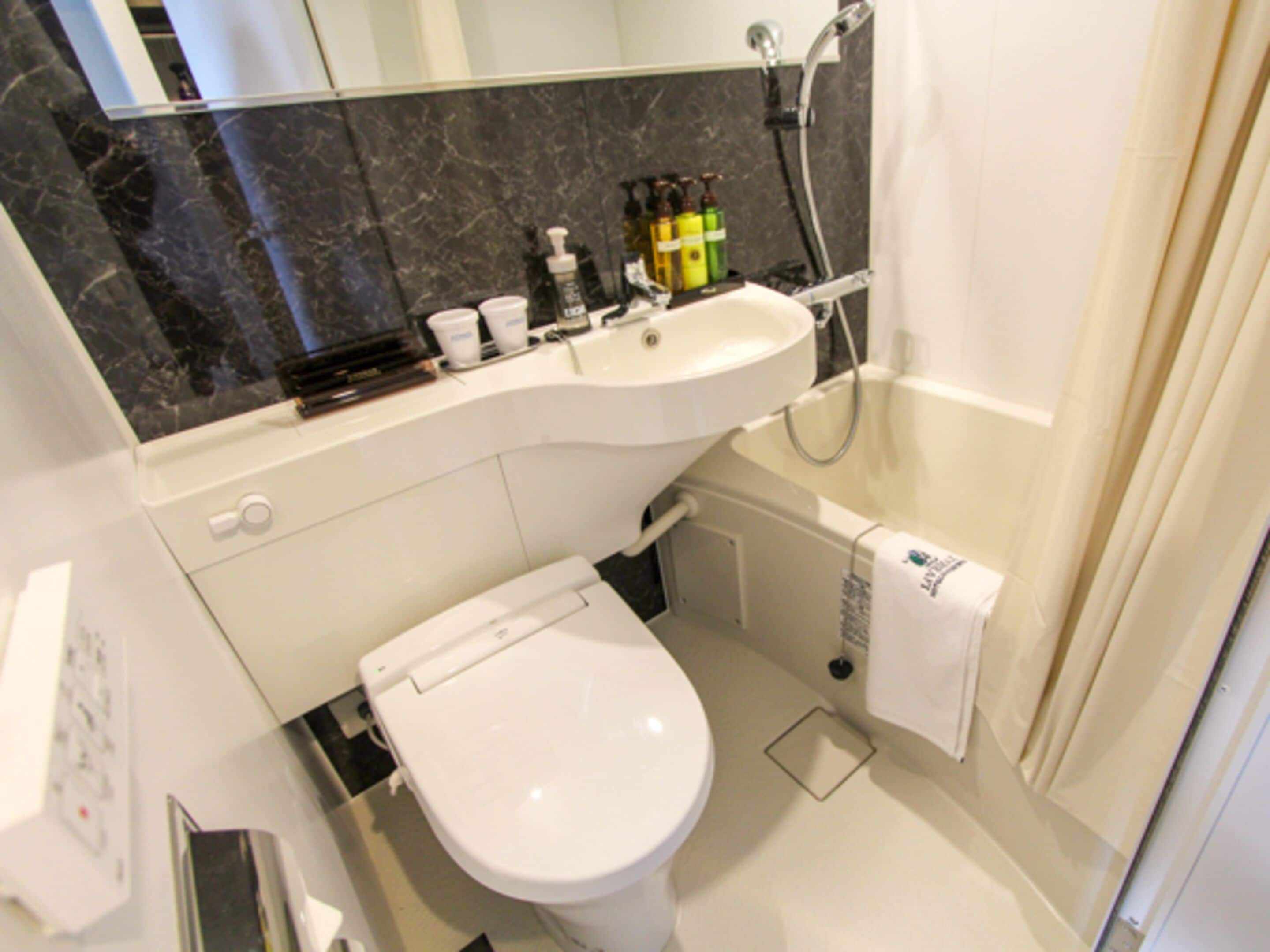 combined shower/bathtub, free toiletries, hair dryer, slippers