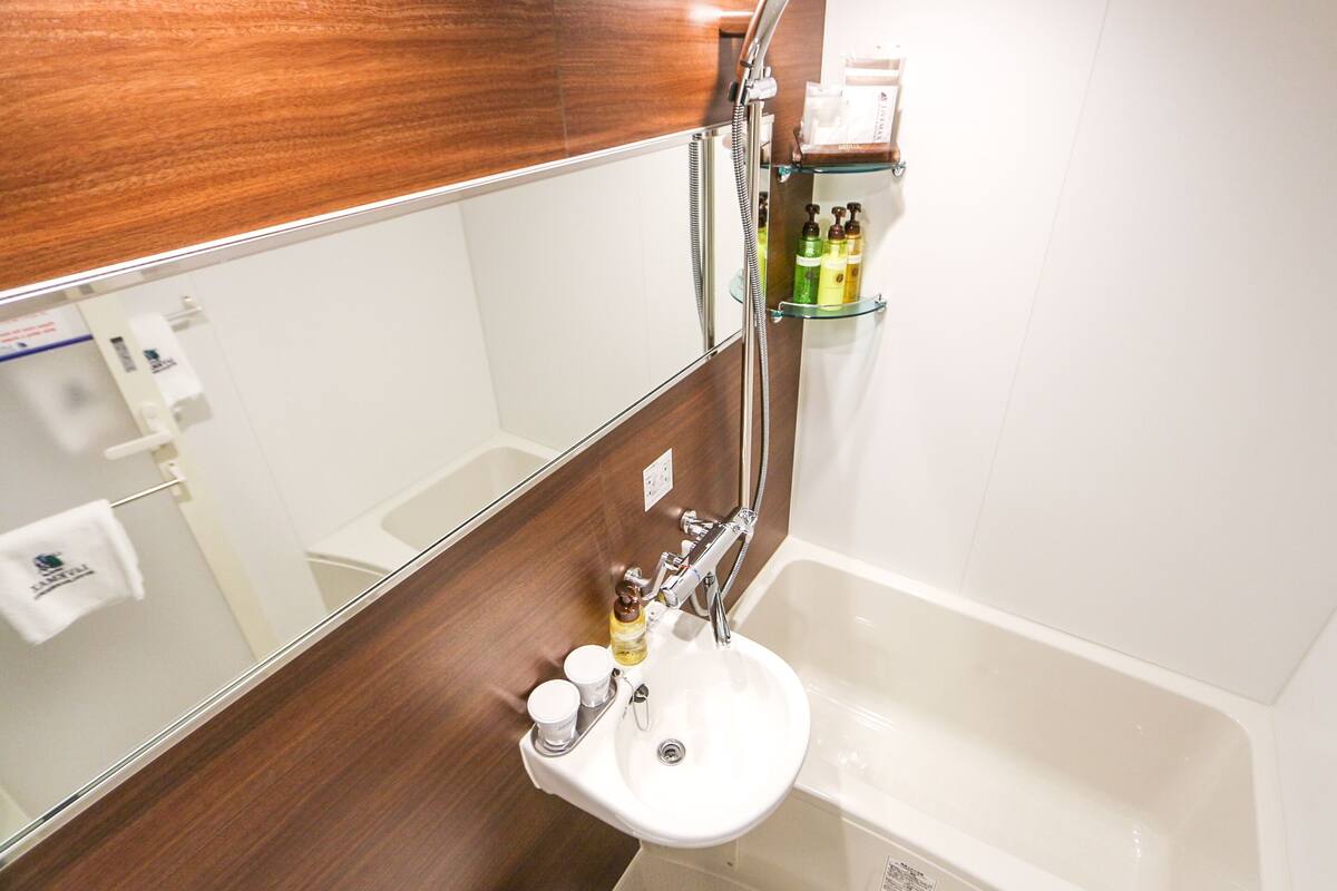 combined shower/bathtub, free toiletries, hair dryer, slippers