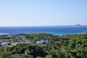 A coastal view with a prominent hill, a large white building, and a distant mountain. - Yanbaru Forest Hills (Motobu)