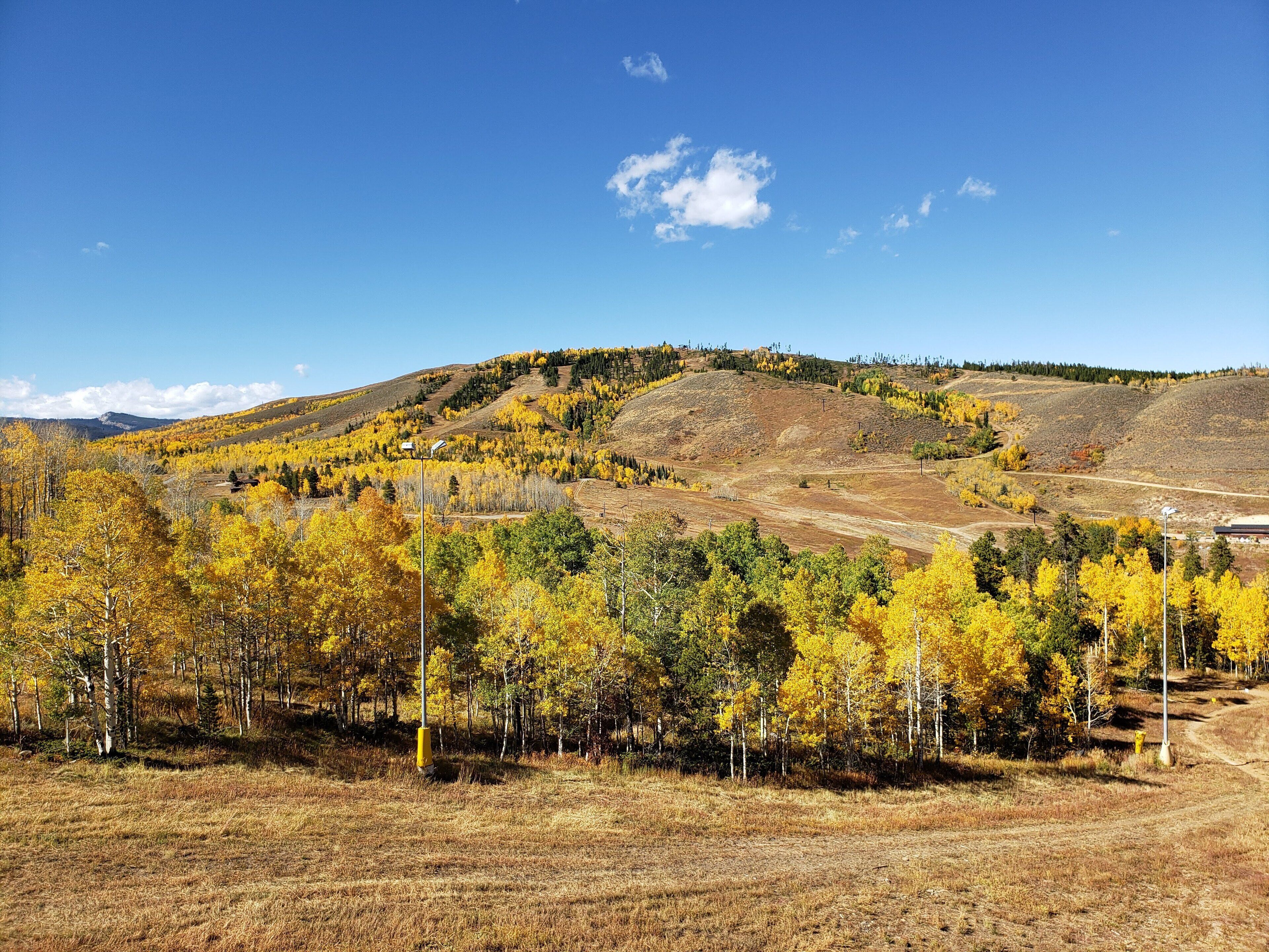 A wide view of a hilly landscape with autumn-colored trees and a clear blue sky.