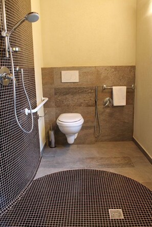 Regadera, regadera tipo lluvia, secadora de cabello, toallas