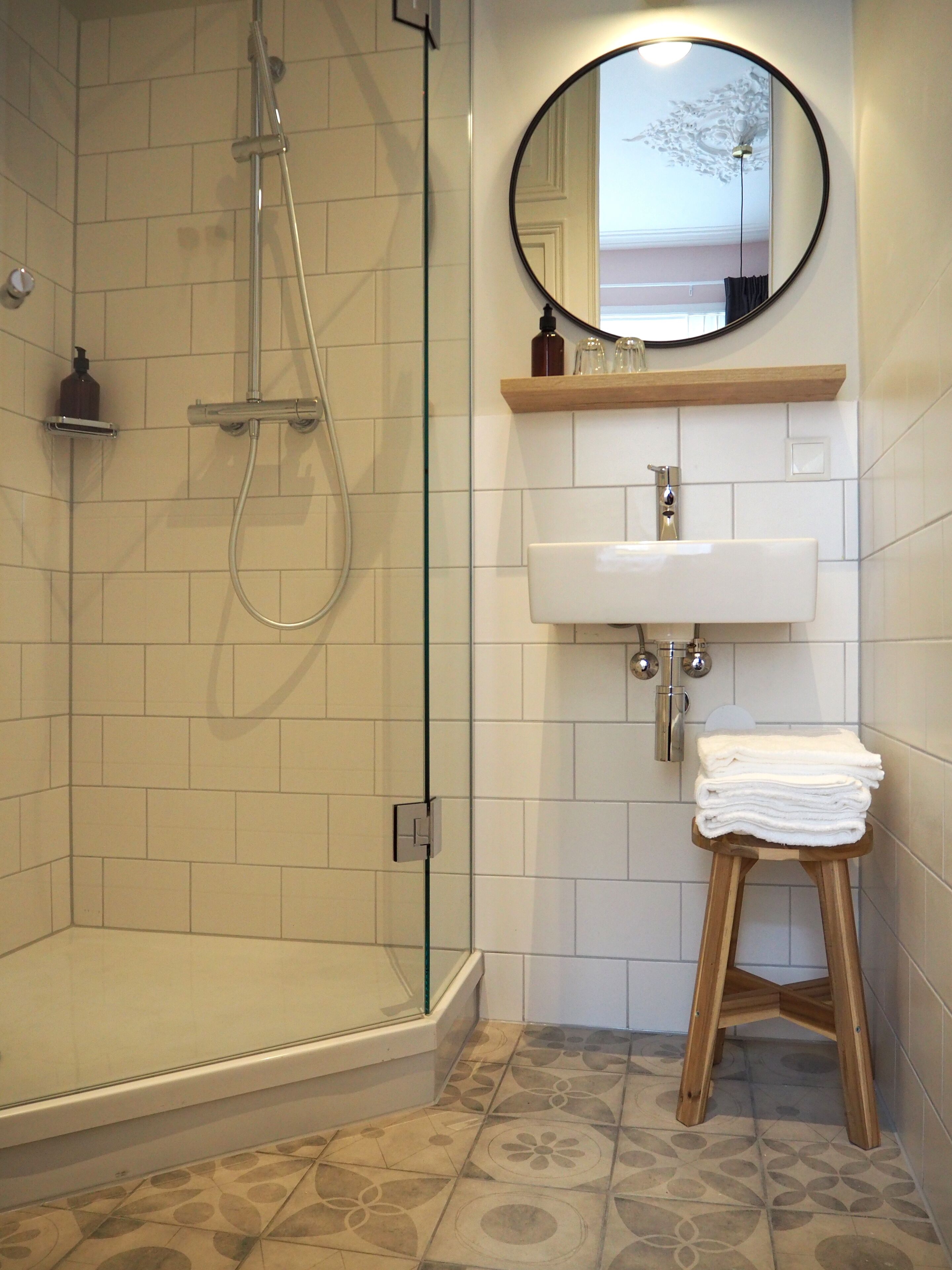 romantic double room (luis) | bathroom | shower, hair dryer, towels, soap