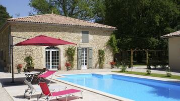 Seasonal outdoor pool, sun loungers