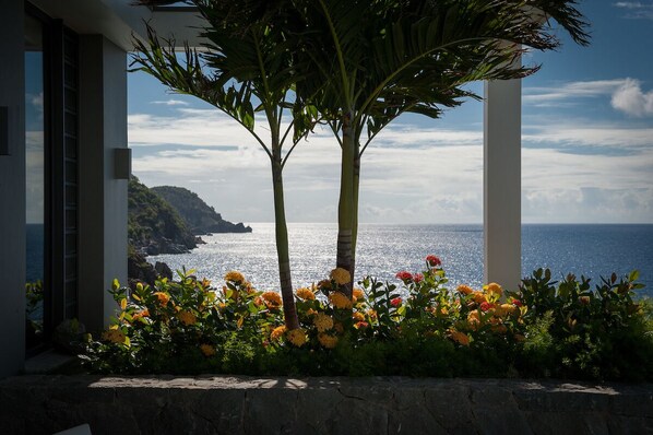 Een modern gebouw met uitzicht op de oceaan en een aangelegde tuin met bloemen en een palmboom.