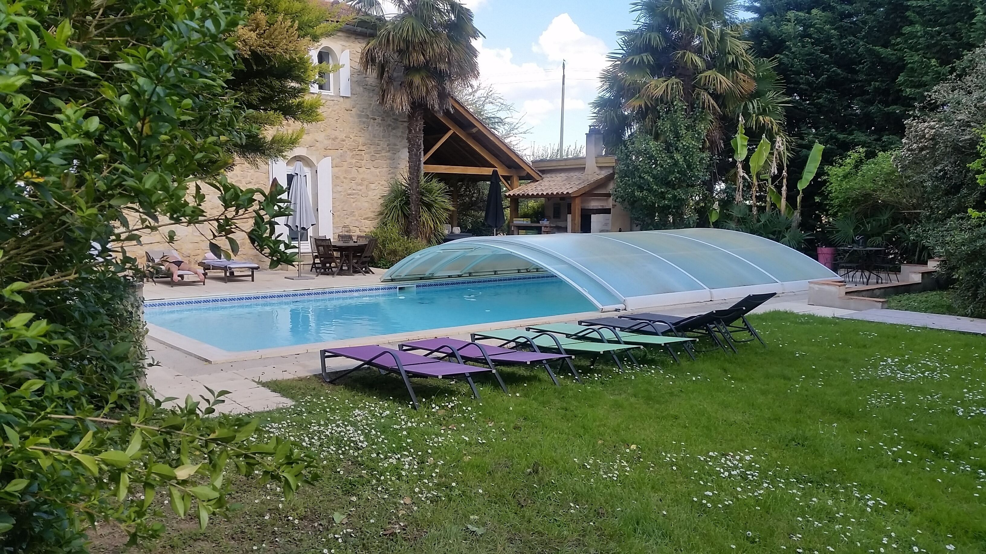 A swimming pool with a glass enclosure, surrounded by a grassy area with lounge chairs.