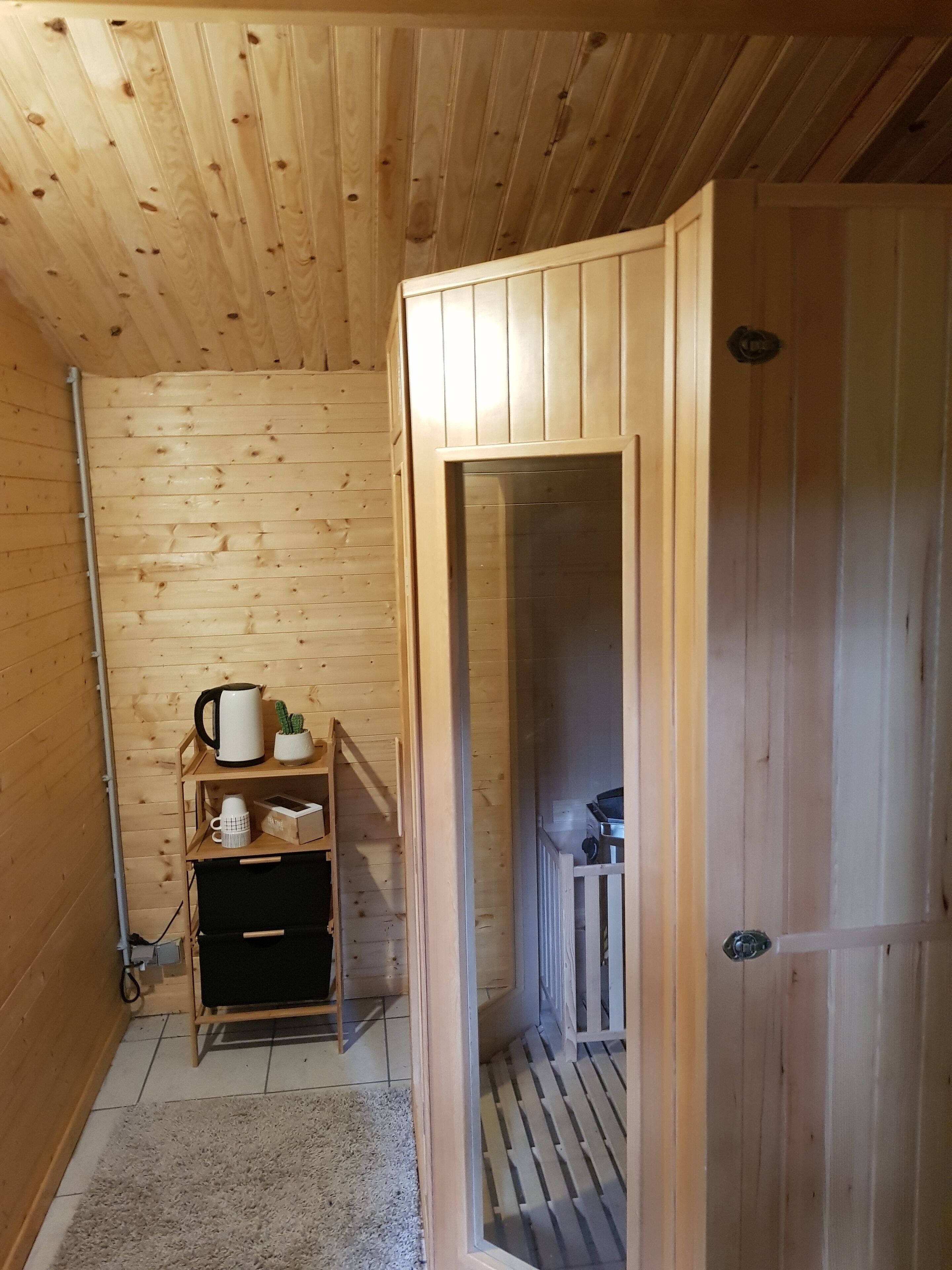 A wooden interior with a door leading to a room. There is a shelf with a kettle, a cactus, and a box.