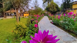 A garden pathway lined with vibrant flowers leading to a yellow building with a tiled roof. - Sapana Village Lodge (Sauraha)