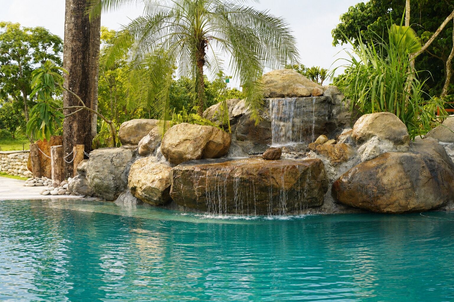 A pool with a waterfall feature surrounded by large rocks and palm trees.
