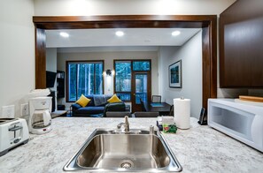 Full-sized fridge, microwave, oven, stovetop