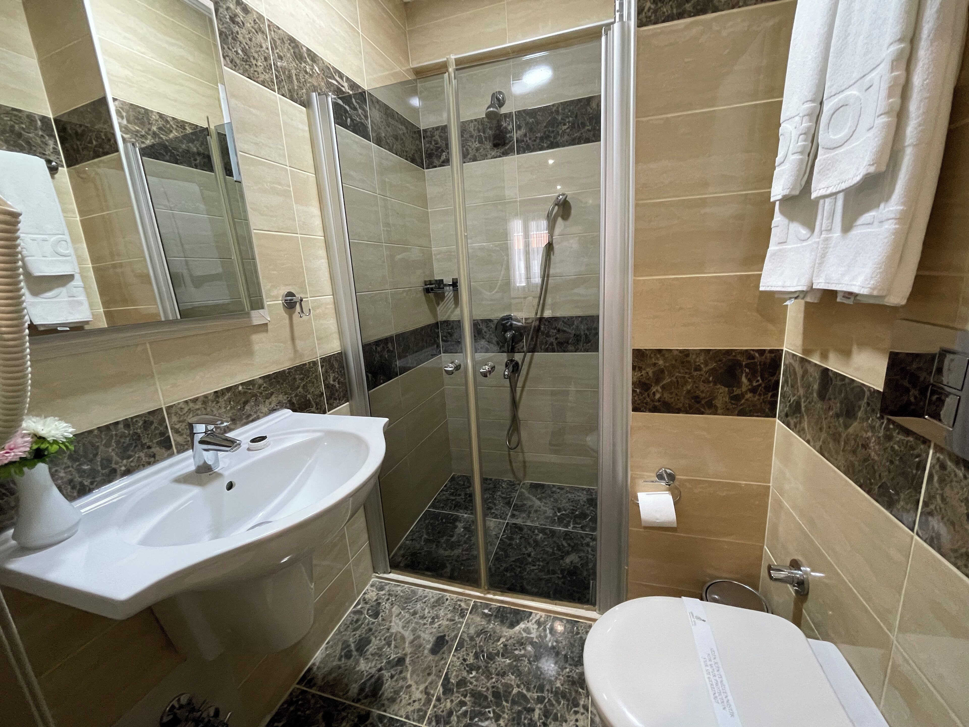 Un baño con ducha de vidrio, lavamanos e inodoro.
