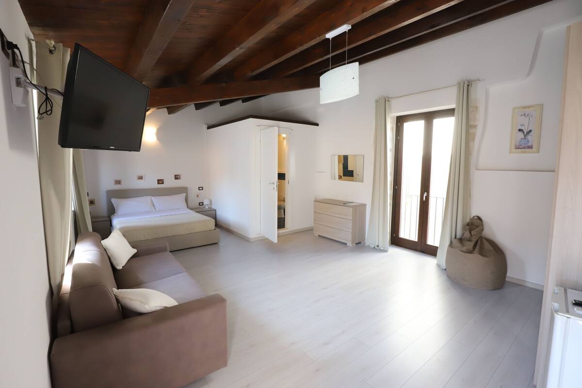 A spacious bedroom with a large bed, a sofa, a desk, and a television.