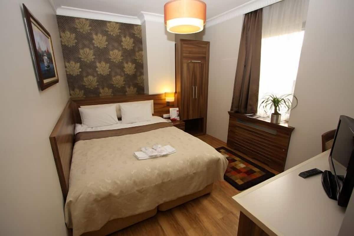 Une chambre d’hôtel équipée d’un lit, d’un bureau, d’une télévision, d’une armoire et d’une fenêtre avec des rideaux.