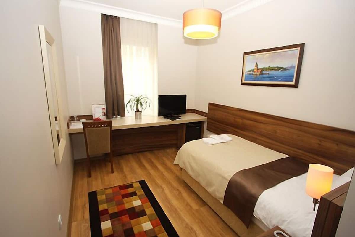 Une chambre d’hôtel avec un lit, un bureau avec un ordinateur, une télévision, un tableau au mur et une fenêtre avec des rideaux.