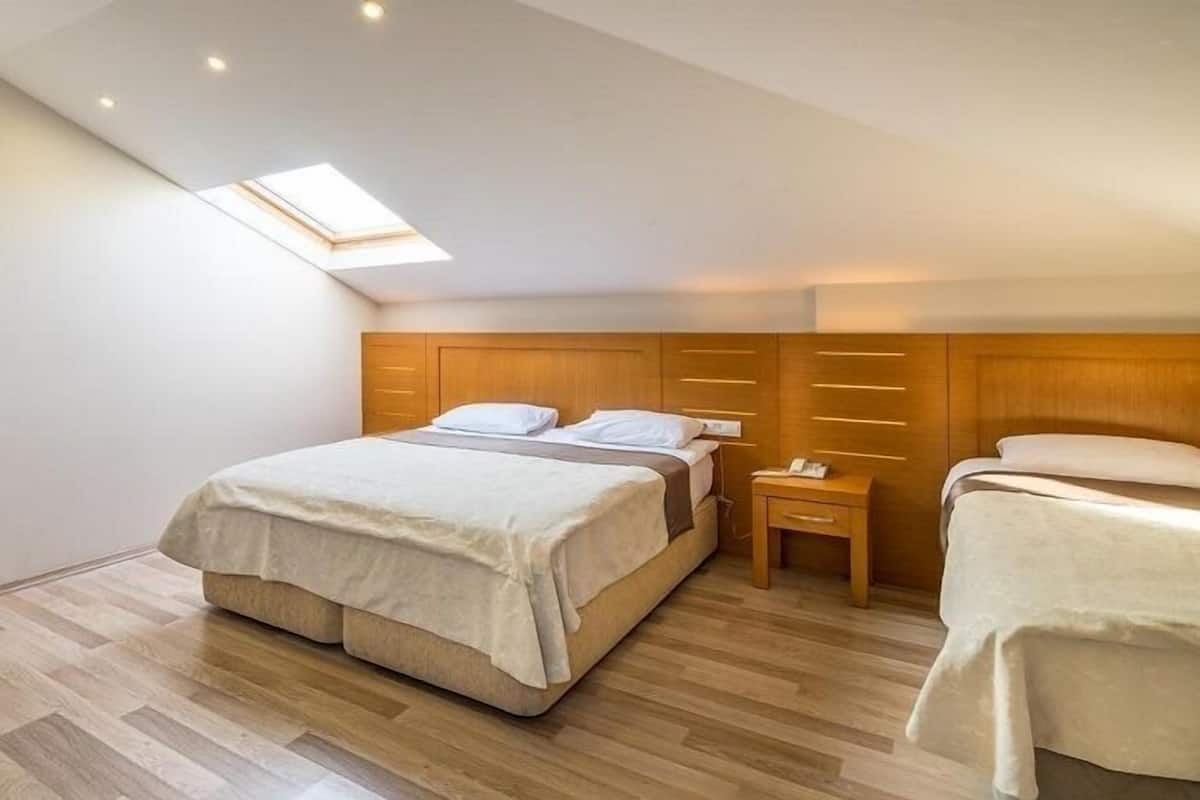 Une chambre avec un puits de lumière, une tête de lit en bois, deux lits et une table de chevet.