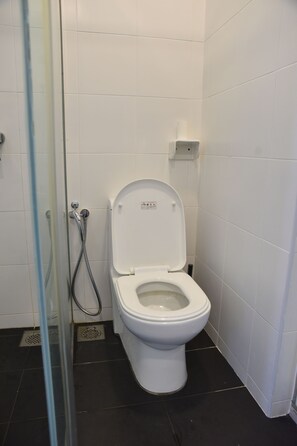 A white toilet with a shower head and a glass shower enclosure.