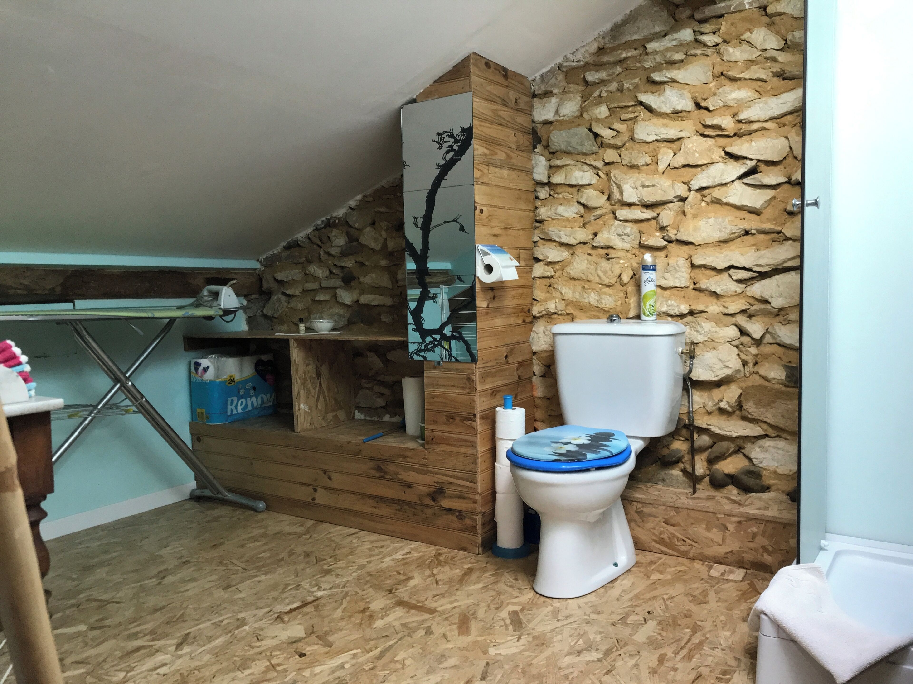 Une salle de bain avec un mur en pierre, des toilettes, une étagère en bois et un miroir.