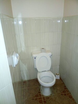 Ein kleines Badezimmer mit Fliesen, einer Toilette, einem Toilettenpapierhalter und einem Bidet.