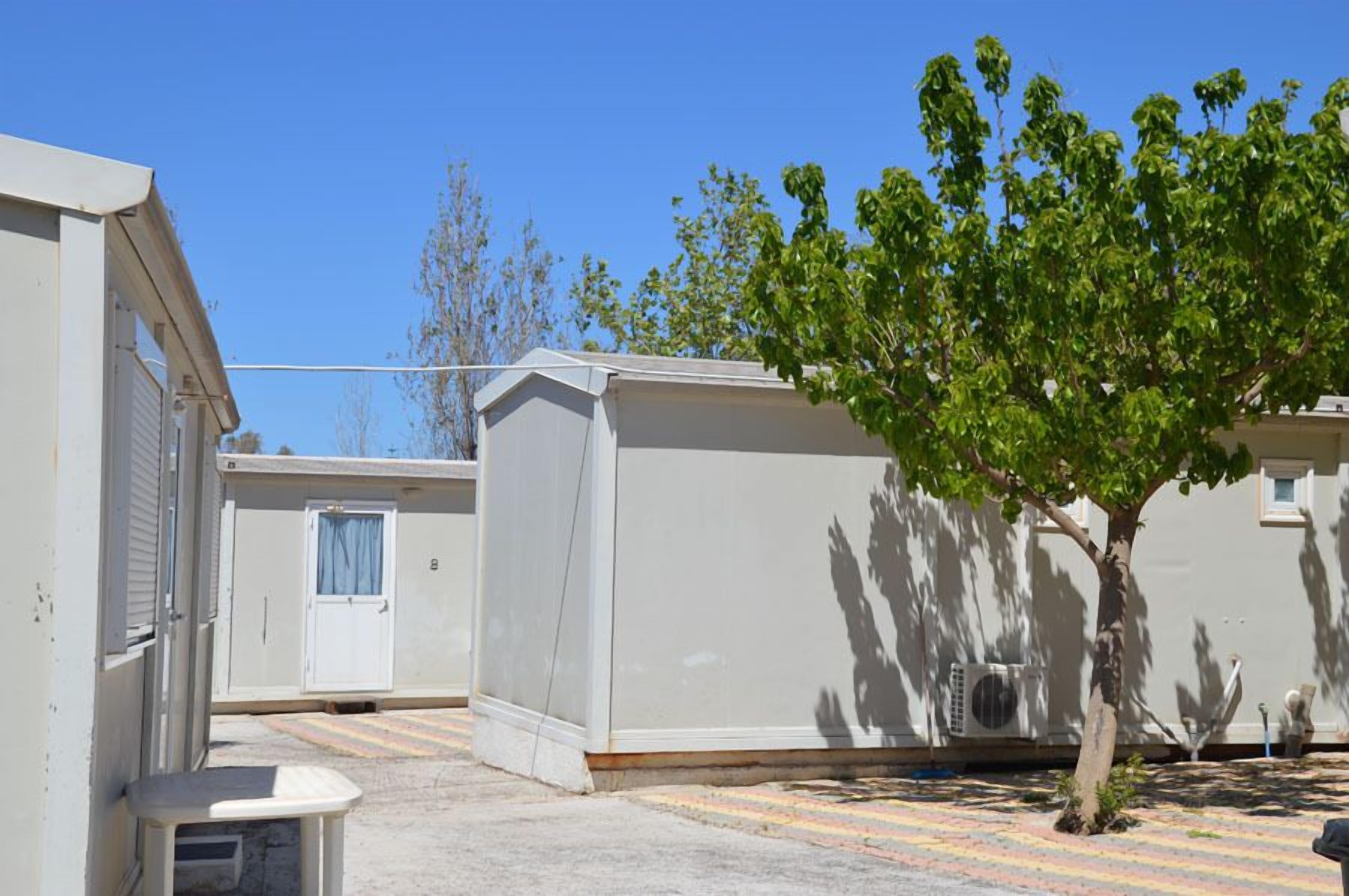 A row of mobile homes with a tree in the foreground.