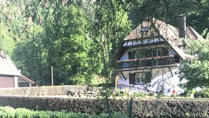 A serene pond with surrounding greenery and a building with a balcony. - Chambres d'Hotes Maison Efftermatten (Andlau)