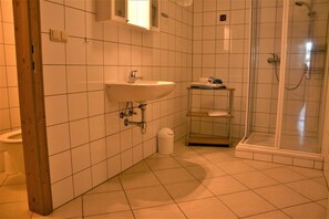 Regadera, toallas, jabón, papel de baño 