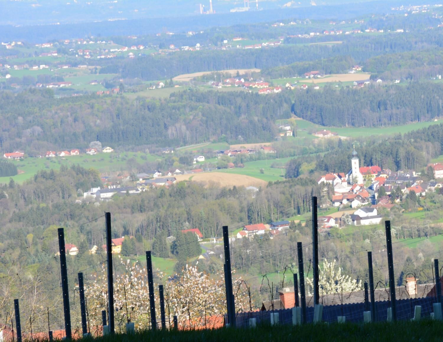 A rural landscape with a village, houses, and a church.
