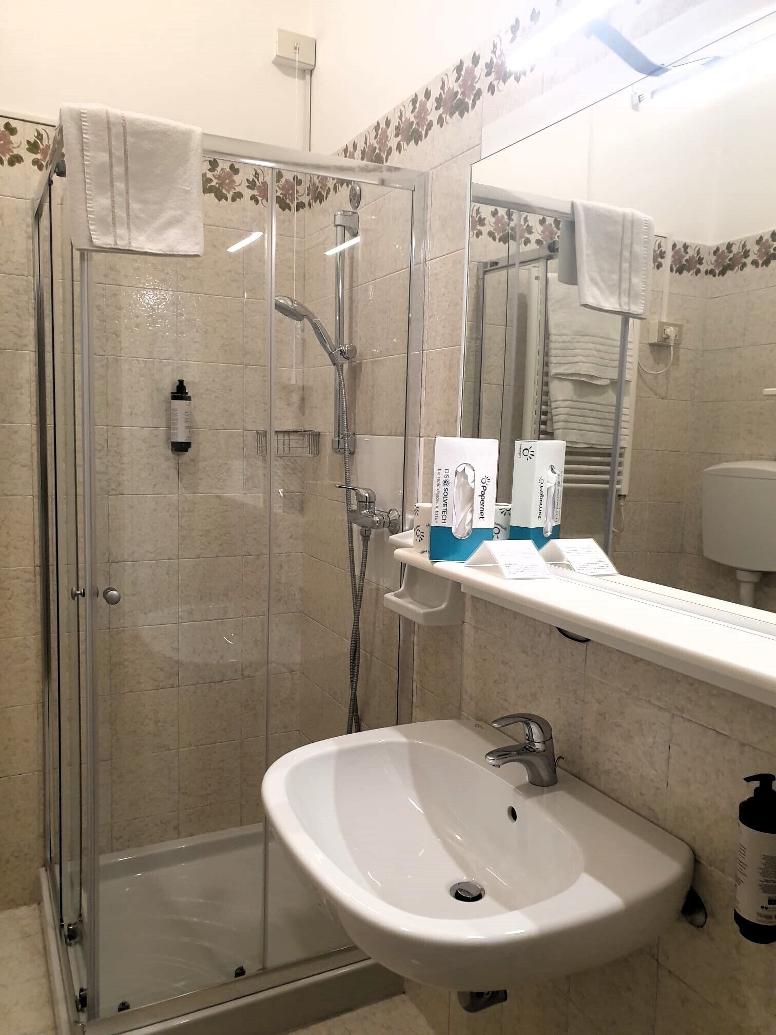 Un baño con ducha separada por mampara de vidrio, un lavamanos blanco y un espejo encima.