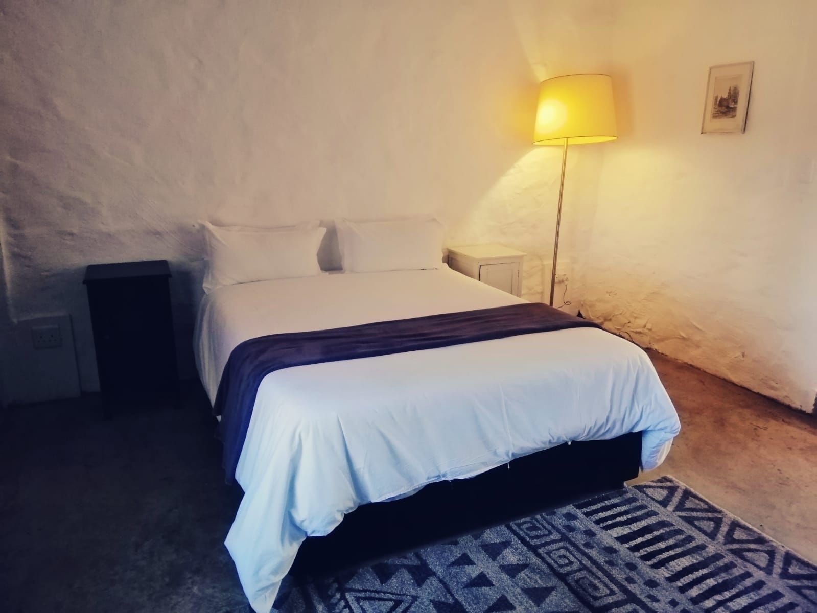 Een enkel bed met een wit en donkerblauwe spreidek, een nachtkastje, een lamp, een prullenbak en een kamerkleed met dessin.