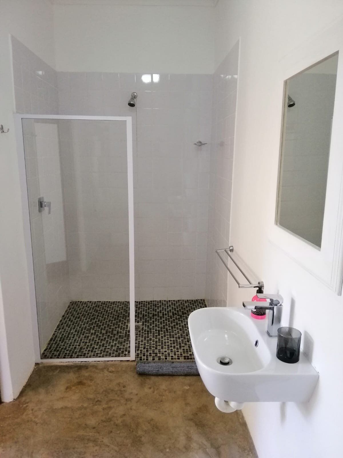 A bathroom with a shower, a sink, and a mirror.