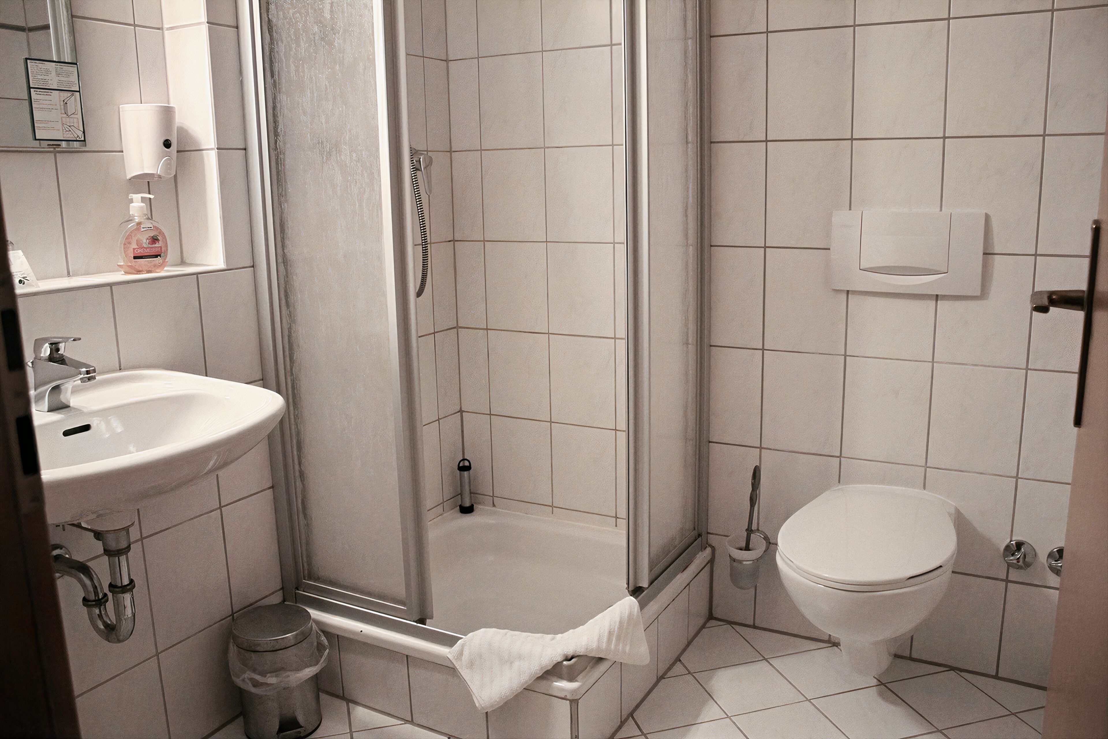 Une salle de bain équipée d’une douche, de toilettes, d’un lavabo et d’une poubelle.