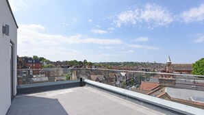 Une terrasse sur le toit offrant une vue dégagée sur le paysage urbain, avec des immeubles résidentiels et une tour imposante.